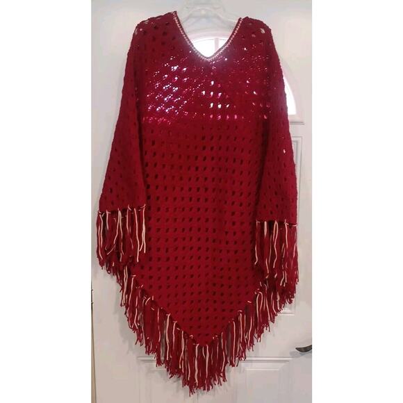 Vintage Hand Knit Crochet Granny Boho Fringe Hippie Poncho Cape 70's 80's - Picture 5 of 6